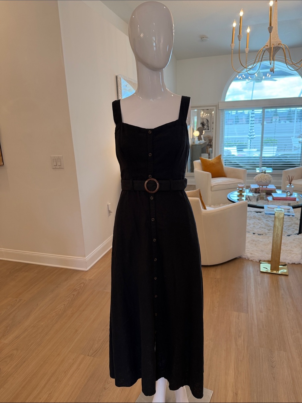 Classic Black Button-Front Midi Dress with Belt